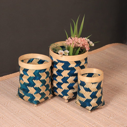 Bamboo Storage Box Without Lid - Blue - Set of 3