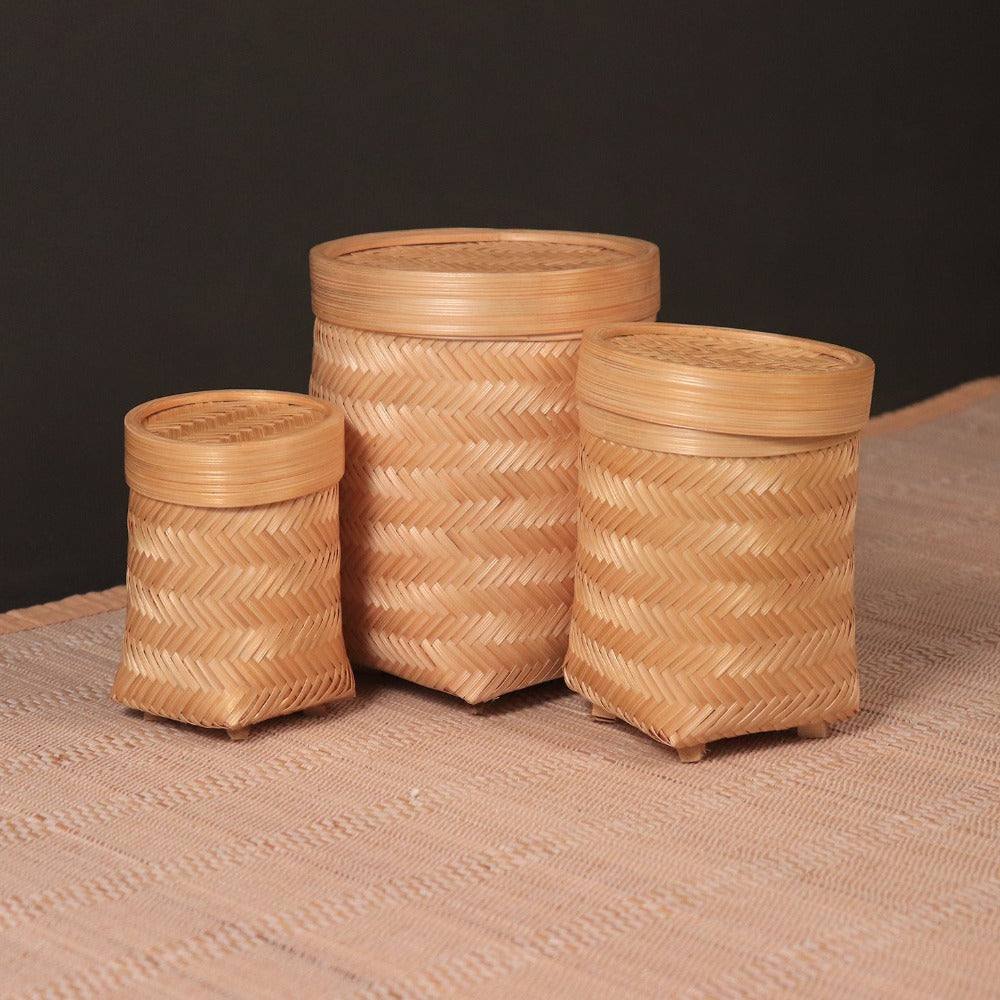 Bamboo Storage Box With Lid - Set of 3 - Natutal