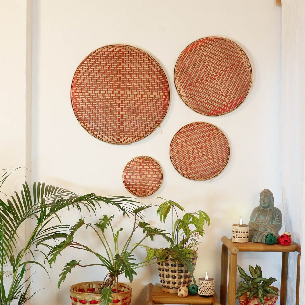 Decorative Bamboo Wall Decor Chalni - Red - Set of 4
