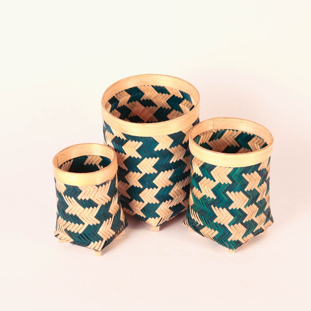 Bamboo Storage Box Without Lid - Blue - Set of 3