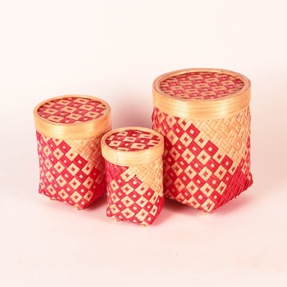 Bamboo Storage Box With Lid - Set of 3 - Orange
