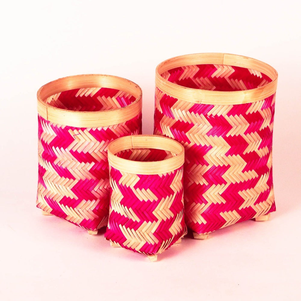 Bamboo Storage Box Without Lid - Pink - Set of 3
