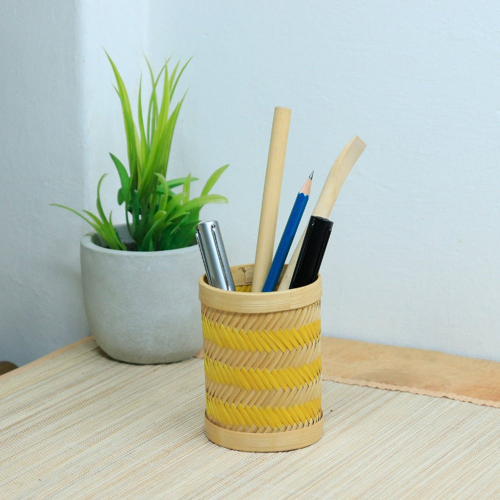 Bamboo Weave Pen Stand - Yellow Zig Zag