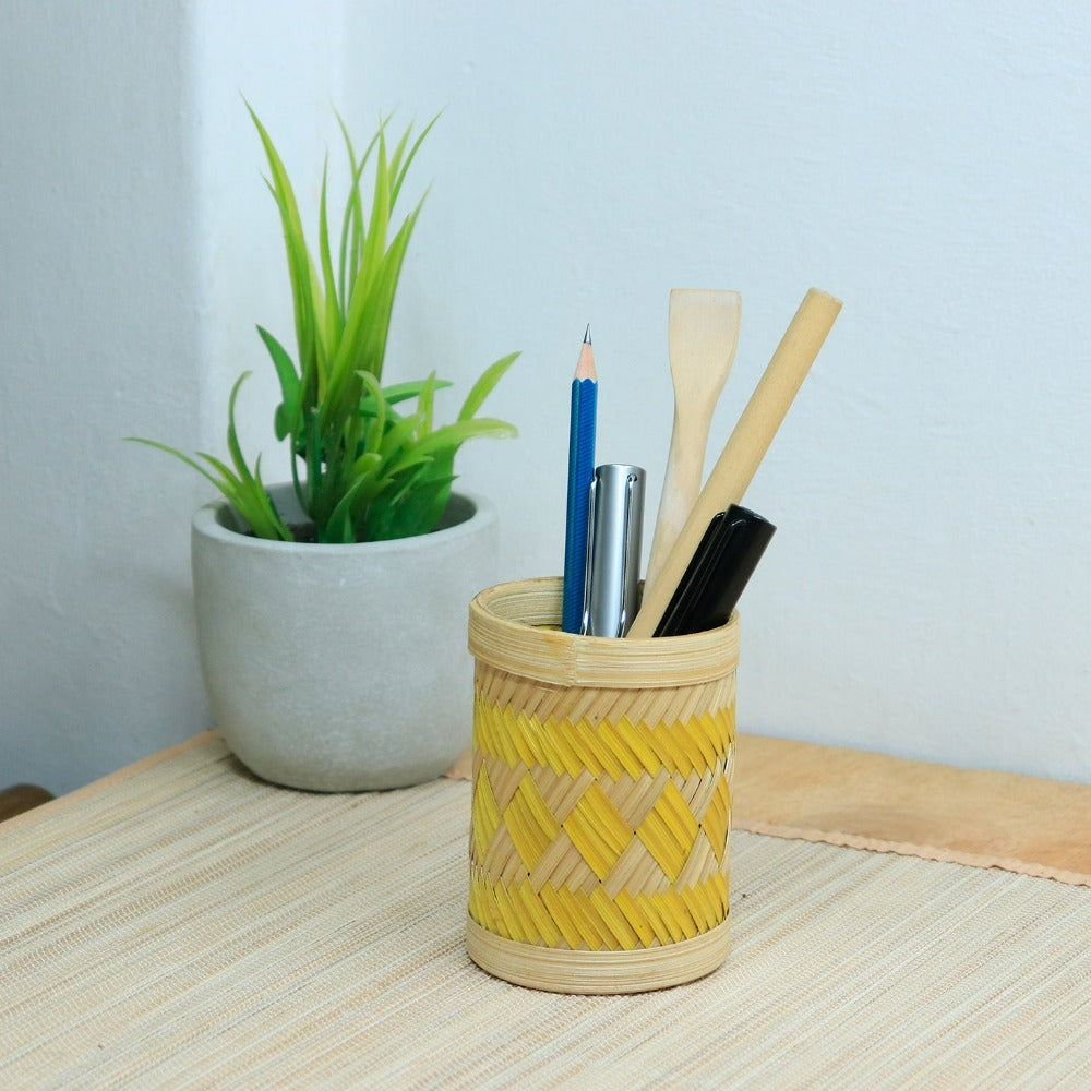Bamboo Weave Pen Stand - Yellow Diamond