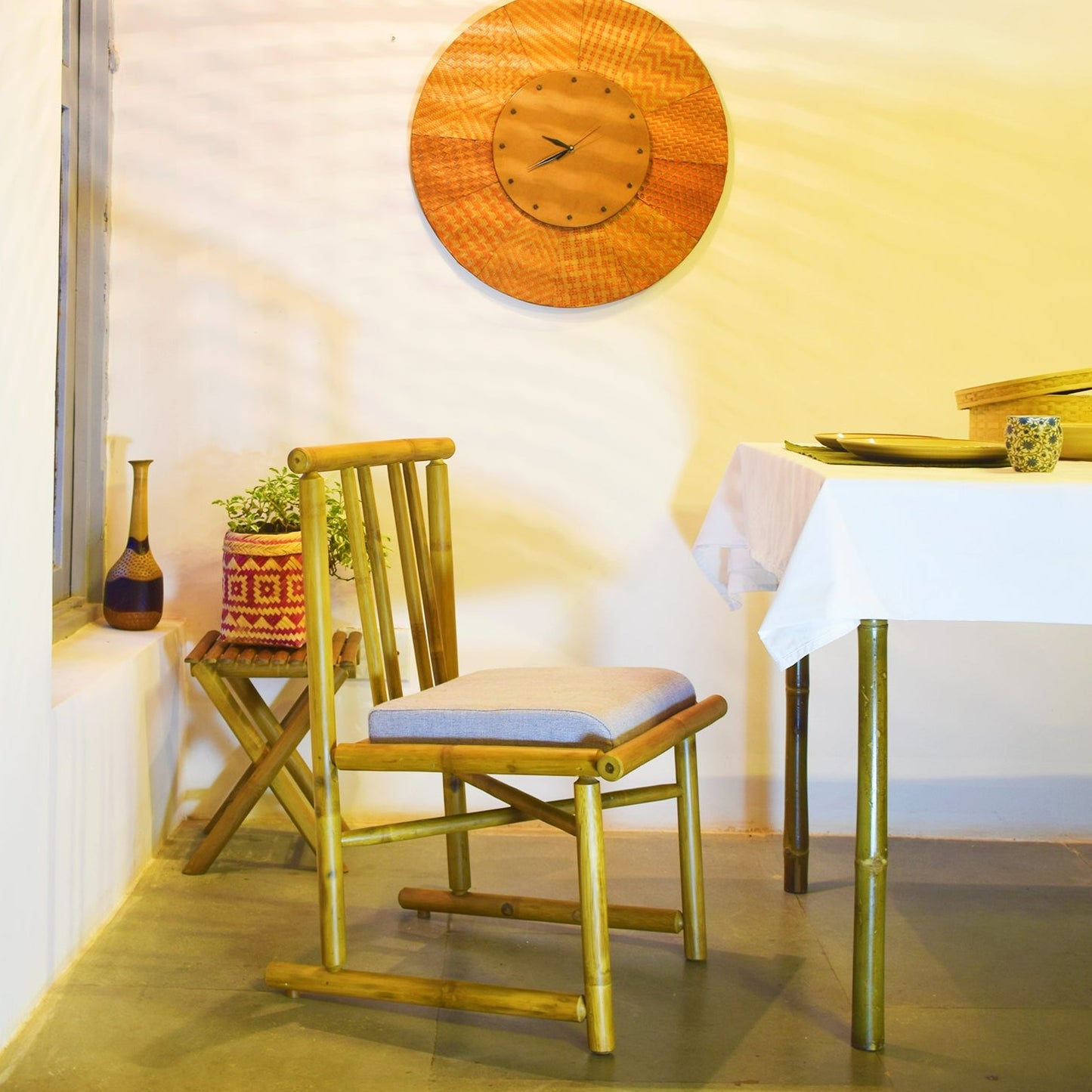 Upright Bamboo Chair with Cushion Seat