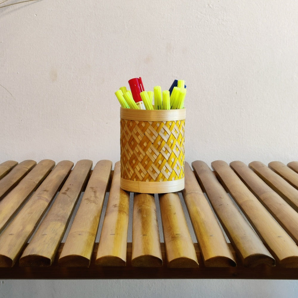 Bamboo Weave Pen Stand - Yellow Checks