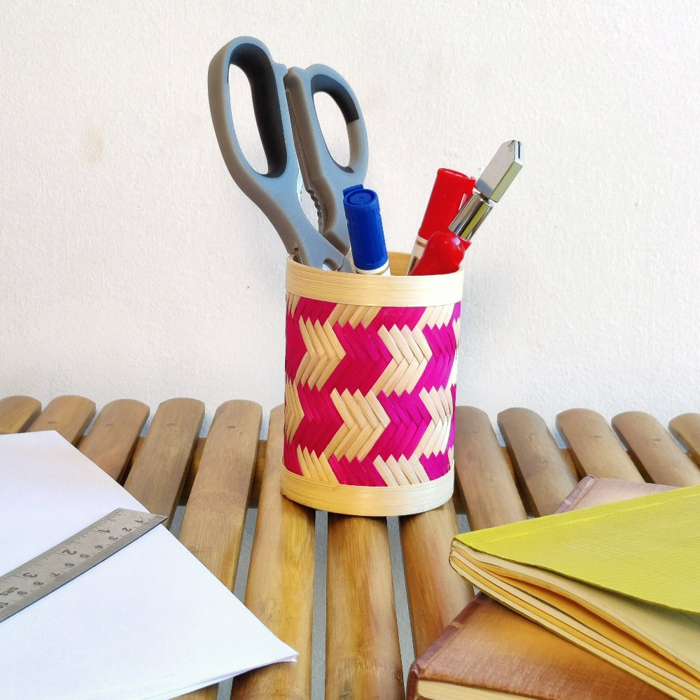 Bamboo Weave Pen Stand - Pink
