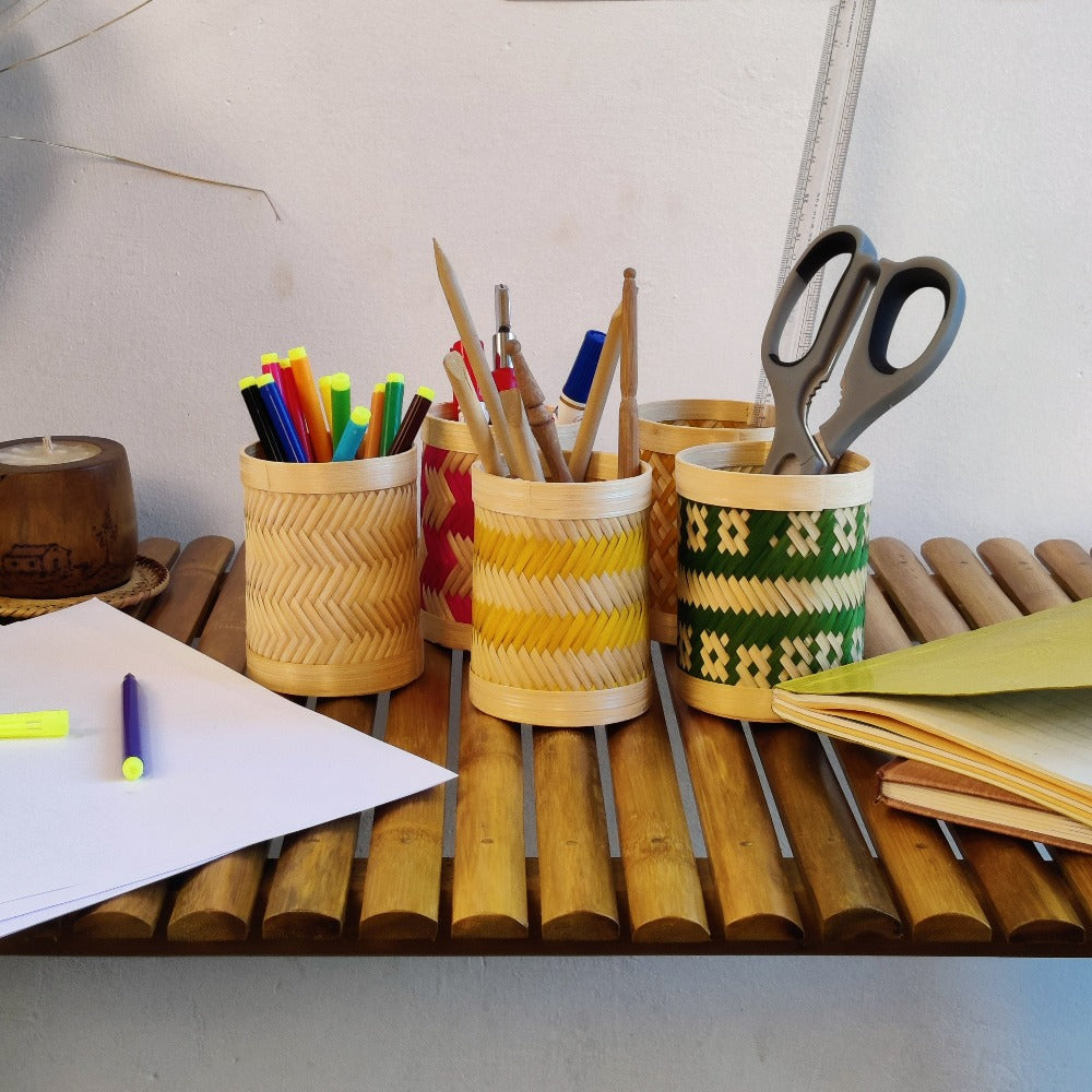 Bamboo Weave Pen Stand - Yellow Zig Zag