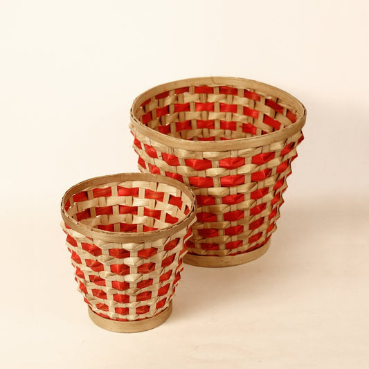Bamboo Raised Weave Planter - Red - Set of 2