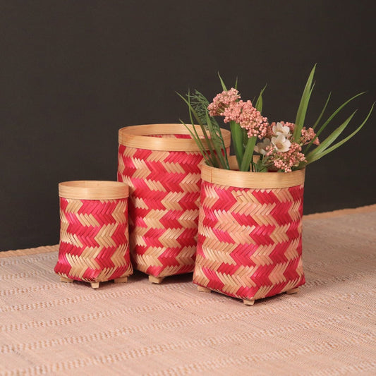 Bamboo Storage Box Without Lid - Pink - Set of 3