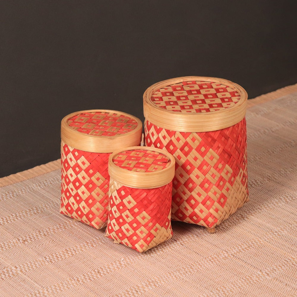 Bamboo Storage Box With Lid - Set of 3 - Orange
