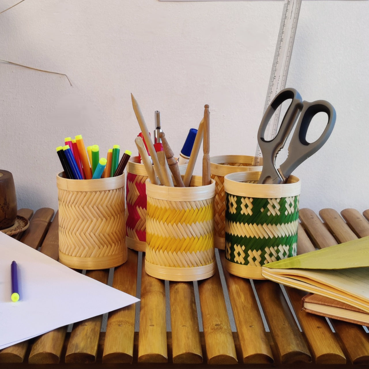 Bamboo Weave Pen Stand - Yellow Checks