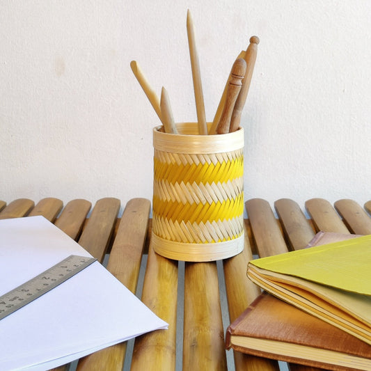 Bamboo Weave Pen Stand - Yellow Zig Zag